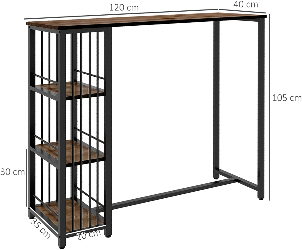 HOMCOM baro stalas, pastatomas stalas, prekystalis su 3 lentynomis, medžio imitacijos virtuvės stalas, plieno rėmas, rudas, 120 x 40 x 105 cm