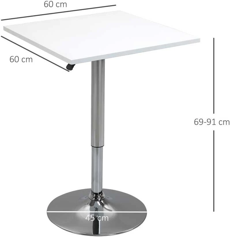 HOMCOM reguliuojamo aukščio baro stalas, besisukantis 360°, nesibraižančios kojelės, stabilus metalinis pagrindas, baltas