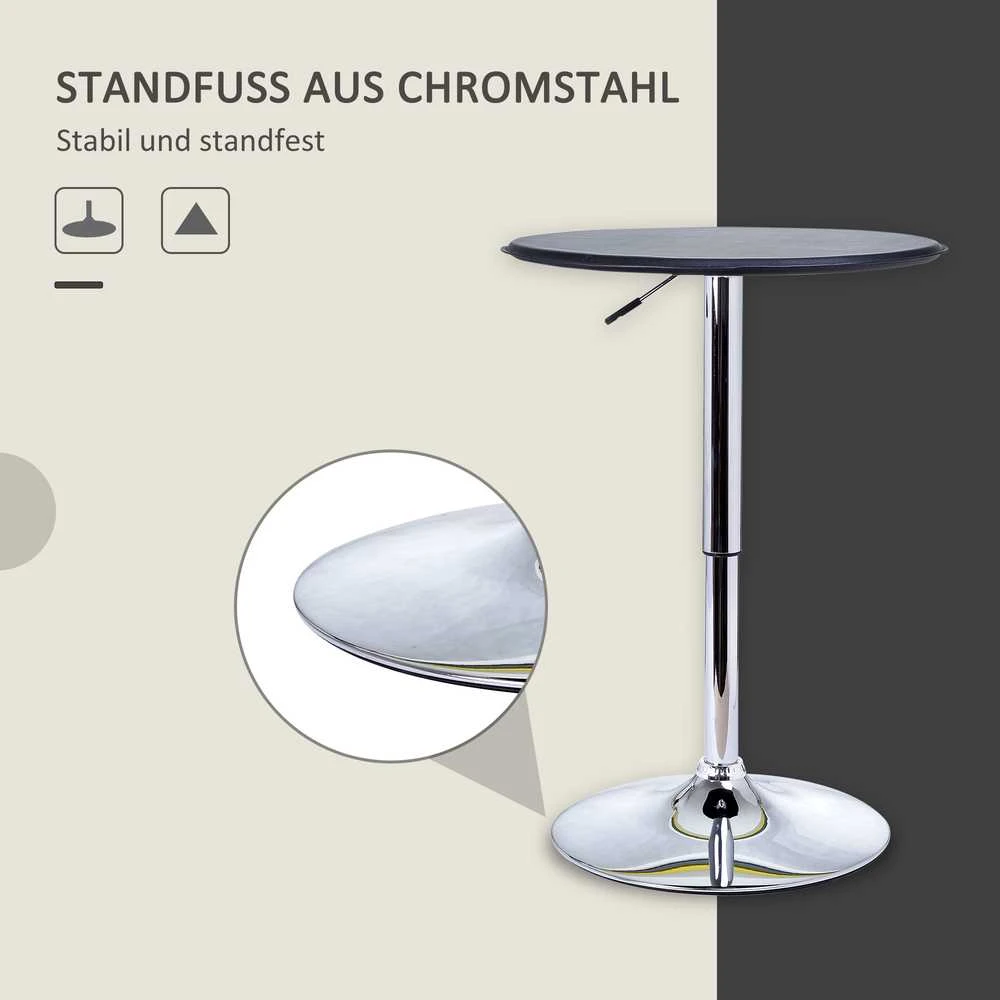 HOMCOM baro stalas, valgomojo stalas, stovimas stalas, virtuvinis stalas svetainei, valgomajam, chromuotas plienas, dirbtinė oda, juodas, Ø63 x 67-93 cm