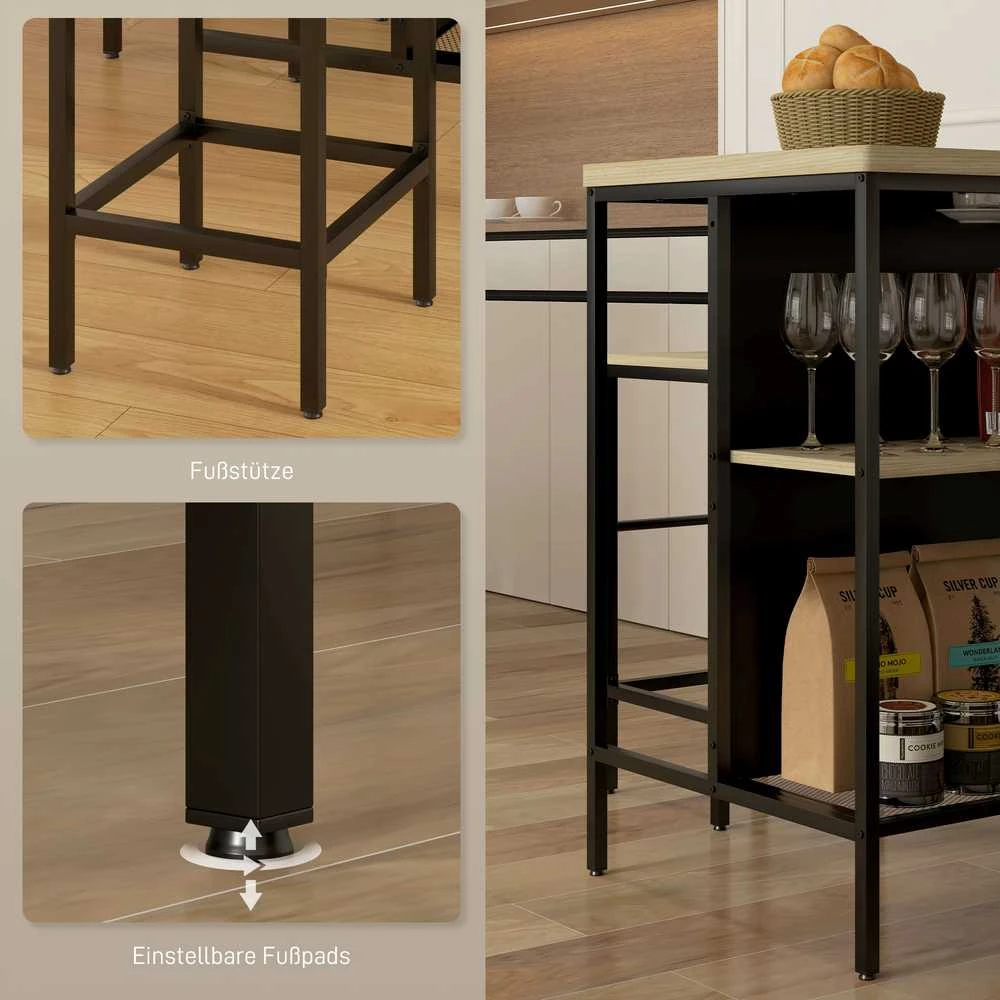 HOMCOM 3 dalių baro stalo komplektas: virtuvinis stalas, 2 baro kėdės, 2 lentynos, modernus valgomojo komplektas, plienas, ąžuolas