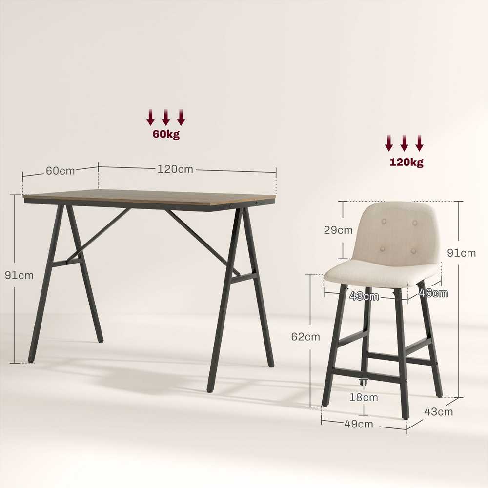 HOMCOM baro stalas su baro kėdžių rinkiniu, 5 dalių valgomojo komplektas, virtuvės stalas, bistro stalas su 4 kėdėmis, baro stalo rinkinys virtuvei, svetainei, plienas, smėlio spalvos, 120 x 60 x 91 cm