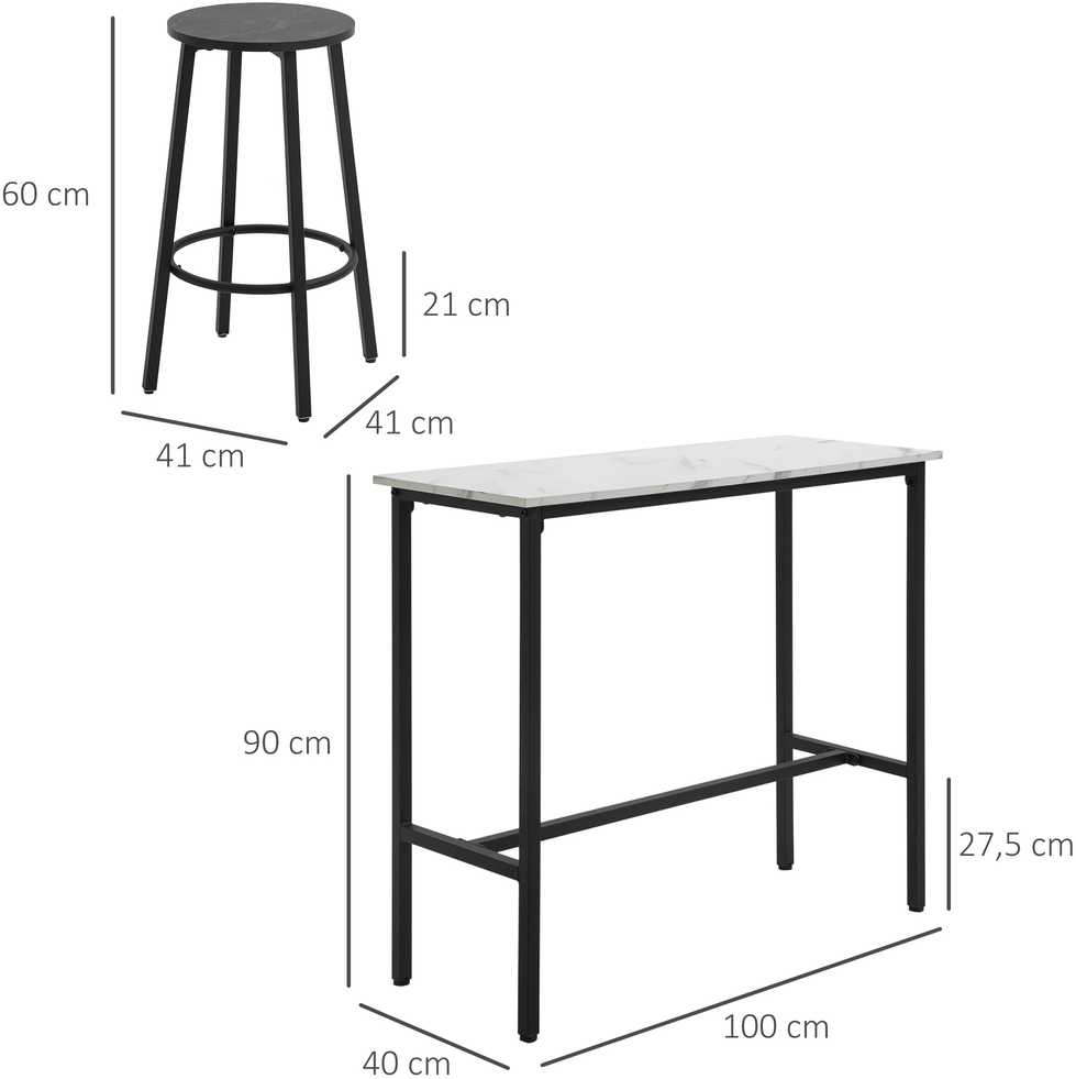 HOMCOM baro stalo ir kėdžių komplektas, 3 dalių baro komplektas, valgomasis stalas su 2 baro kėdėmis, valgomojo komplektas, baro stalas, virtuvės stalas, plienas, baltas, juodas