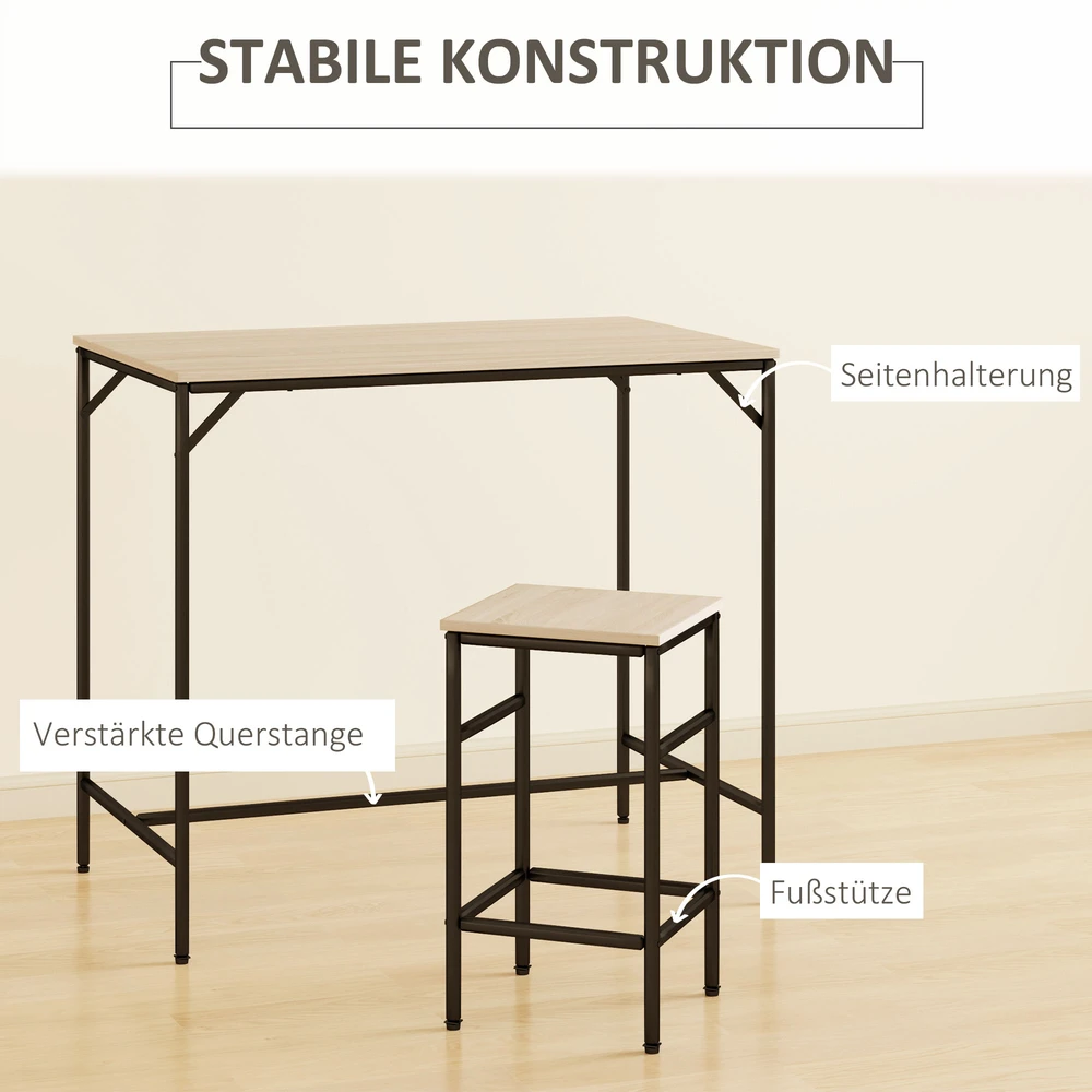 HOMCOM 5 dalių baro stalo komplektas, baro stalas su 4 kėdėmis, virtuvinis stalas, svetainei, plienas, ąžuolo ir juodos spalvos, 100x60x88 cm