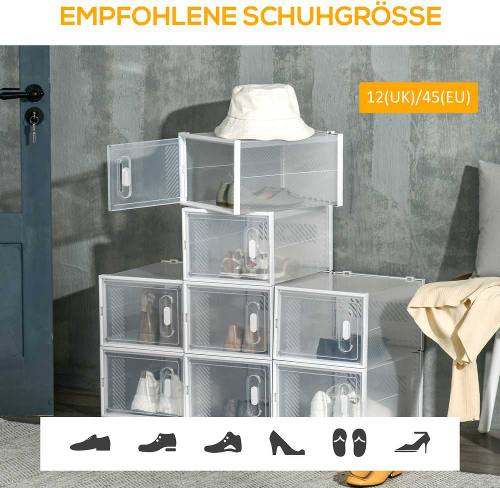 HOMCOM 8 batų dėžučių rinkinys, batų organizatorius su magnetinėmis durelėmis, plastikinė batų saugykla iki 45 dydžio, skaidri ir balta