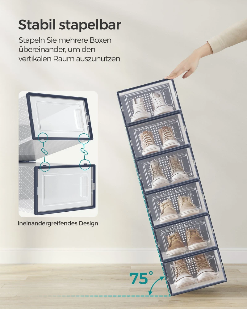 Songmics 12 skaidrių antracito mėlynos spalvos batų dėžių rinkinys