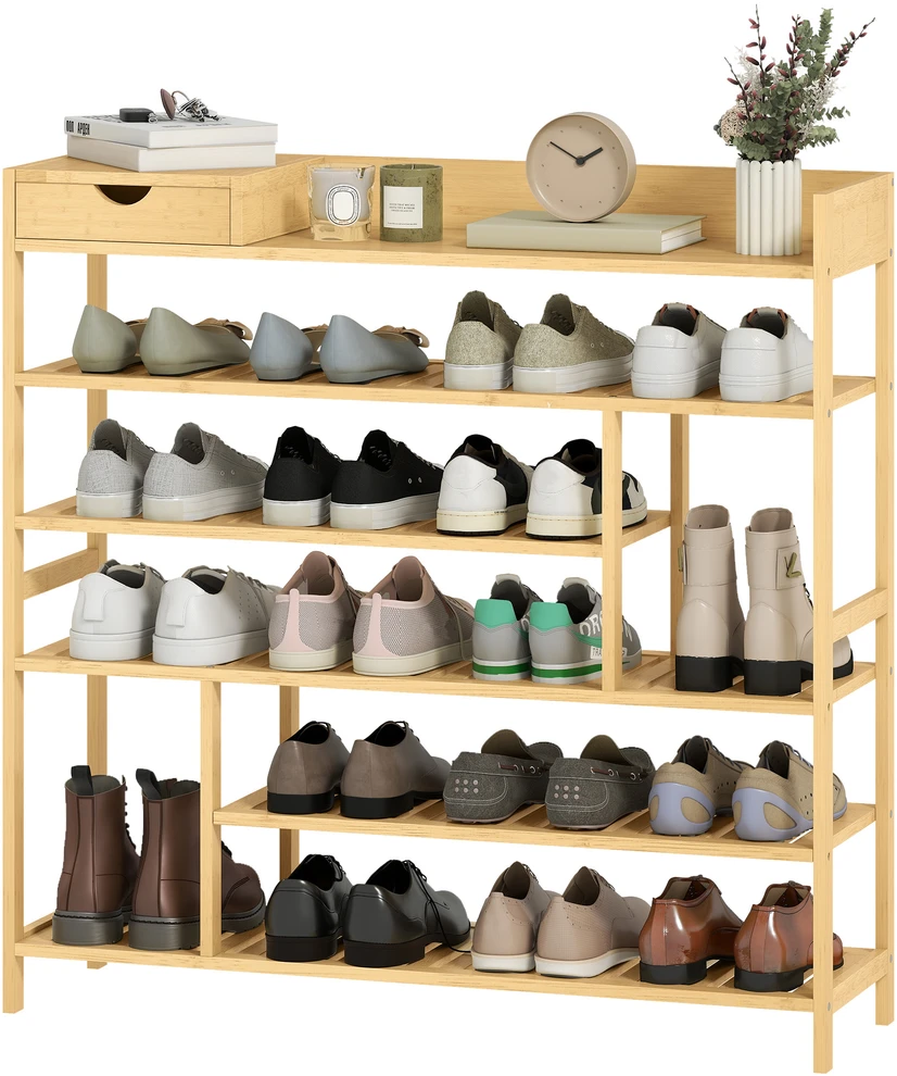 HOMCOM batų lentyna, 6 lygių batų stovas, bambukinis stalčius, talpina iki 18 porų batų, batų lentyna prieškambariui, miegamajam, 101 x 30 x 100 cm, natūrali