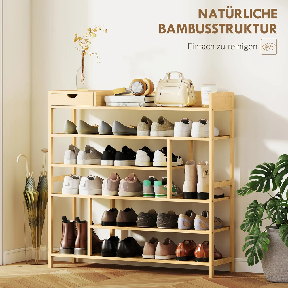 HOMCOM batų lentyna, 6 lygių batų stovas, bambukinis stalčius, talpina iki 18 porų batų, batų lentyna prieškambariui, miegamajam, 101 x 30 x 100 cm, natūrali