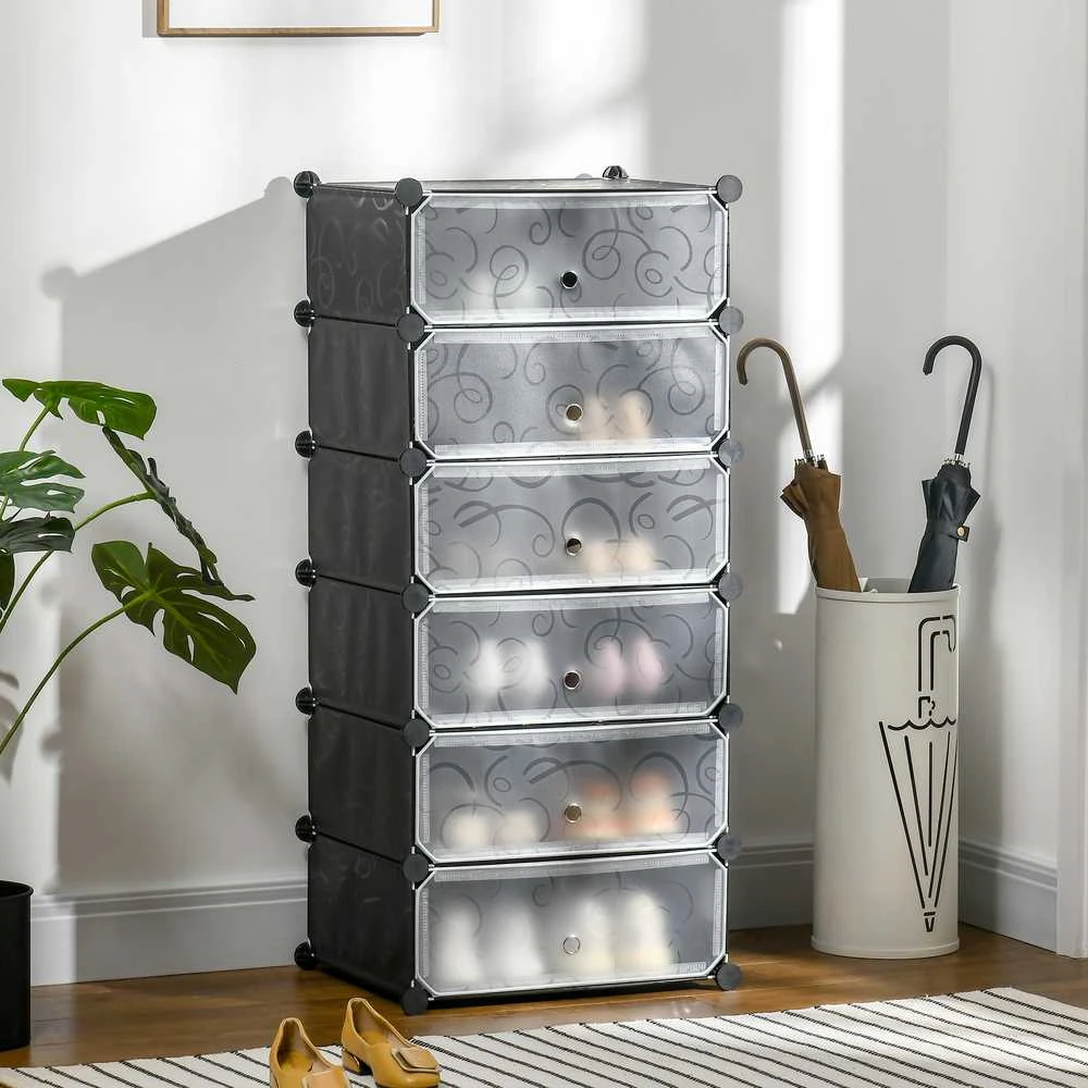 HOMCOM batų lentyna, DIY surenkama lentyna 6 poroms batų, plastikas/plienas, juoda+balta, 49x36,5x108 cm