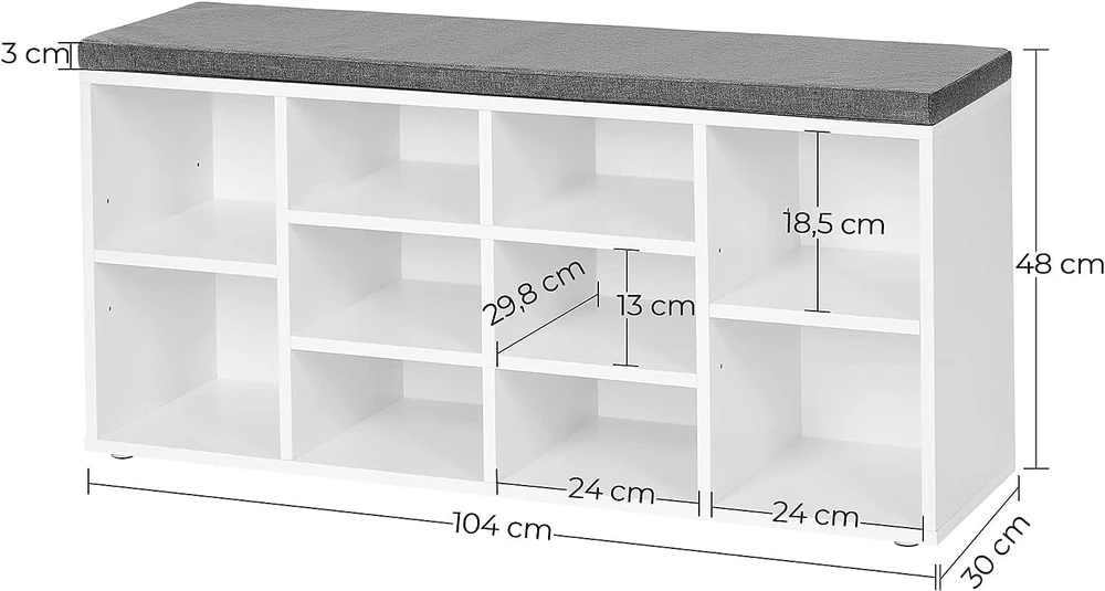 Leobert Batų lentyna su minkšta sėdyne ir 10 lentynų, balta ir pilka, 104 × 30 × 48 cm