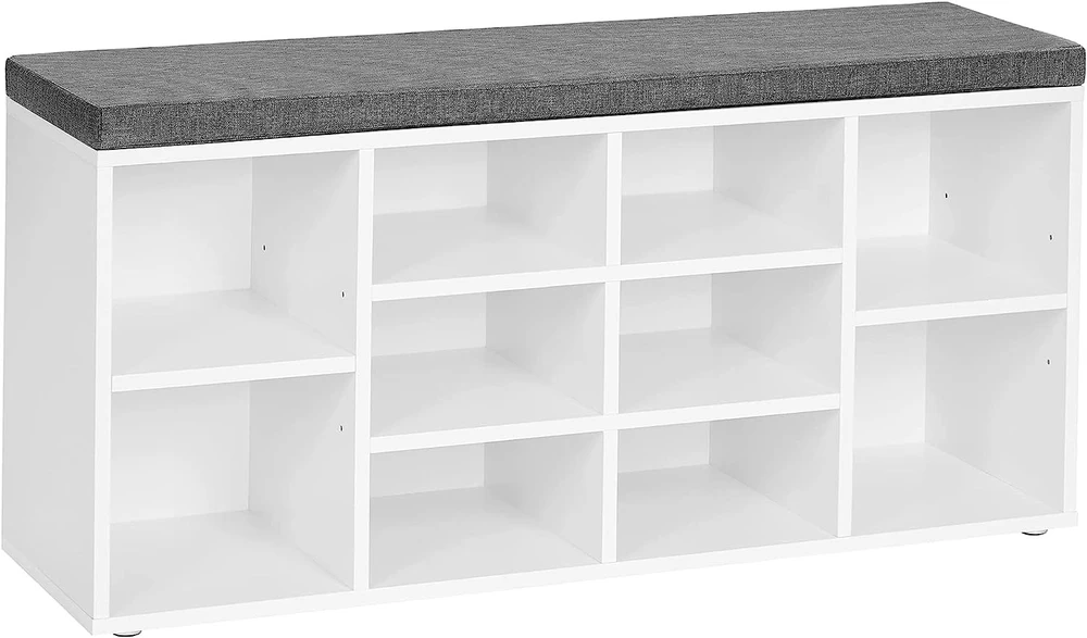Leobert Batų lentyna su minkšta sėdyne ir 10 lentynų, balta ir pilka, 104 × 30 × 48 cm