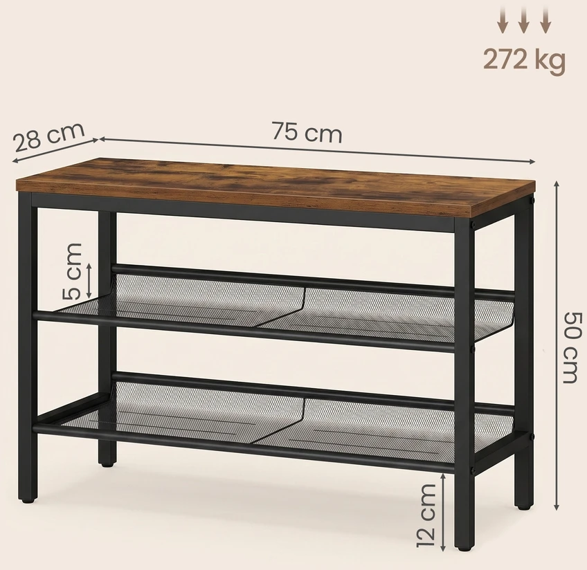 Songmics Batų lentyna su sėdimu paviršiumi ir 3 lygiais, rusvai juoda, 75 x 28 x 50 cm