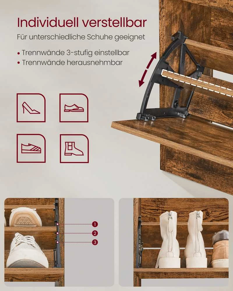 Songmics Batų spintelė, 2 durelės, atviras skyrius vintage ruda 24x80x102 cm