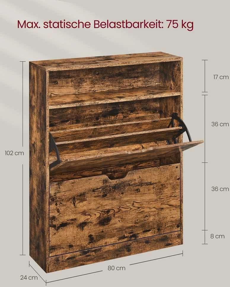 Songmics Batų spintelė, 2 durelės, atviras skyrius vintage ruda 24x80x102 cm