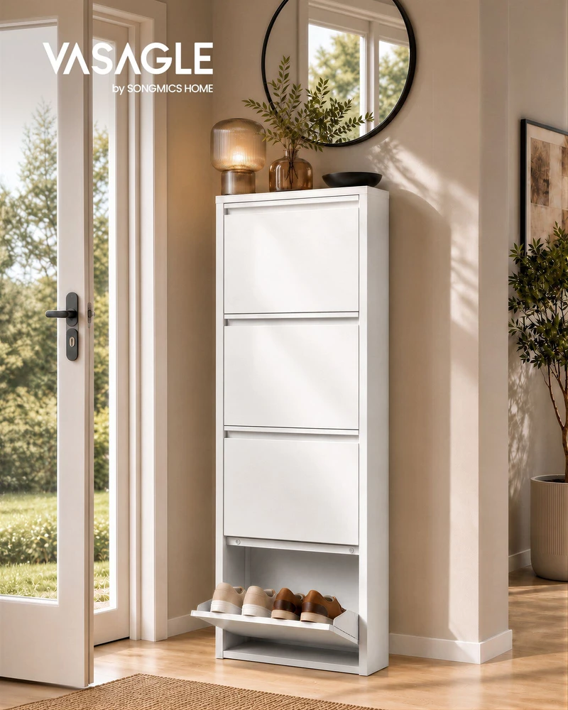 Songmics Batų spintelė, 4 atverčiamos dalys, balta, 50 × 15,5 × 149,8 cm