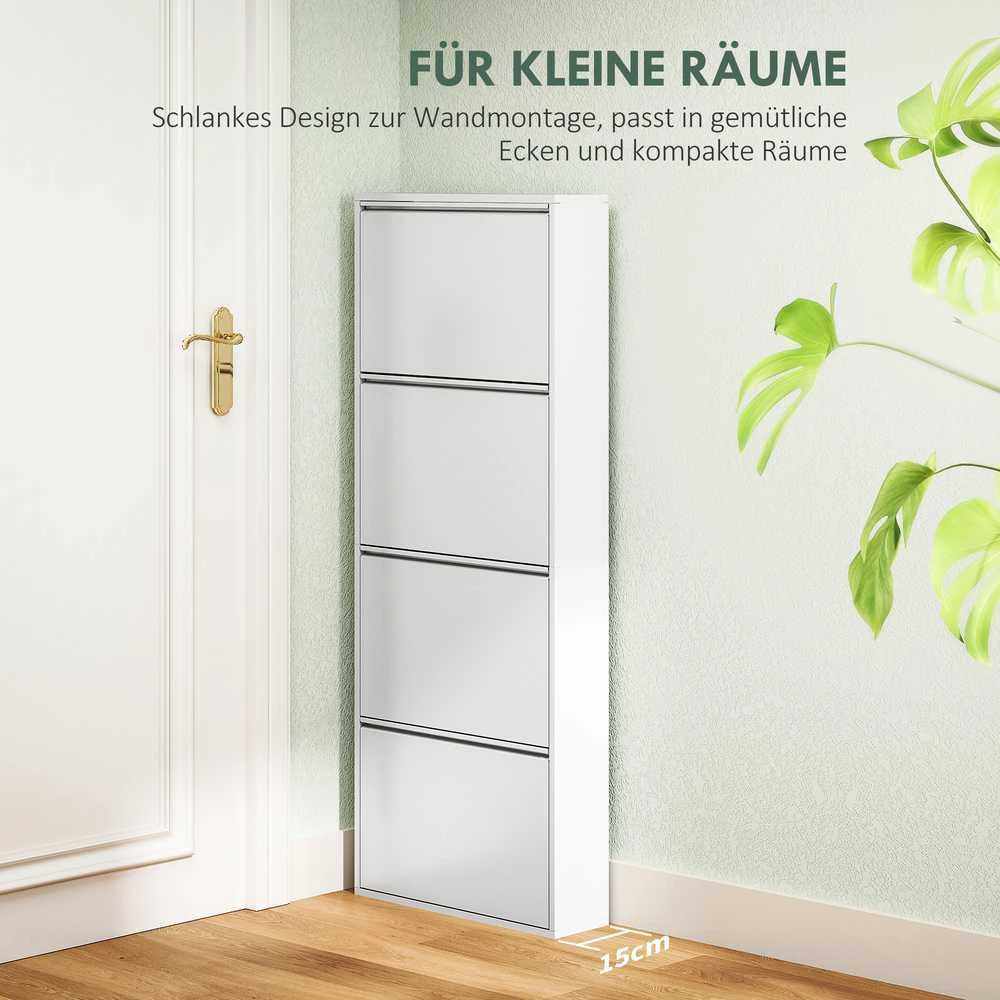HOMCOM metalinė batų spintelė su 4 atlenkiamomis lentynomis, siaura, 8 poroms batų, batų lentyna, batų komoda, batų stovas, montuojamas prie sienos, prieškambariui, koridoriui 55 x 15 x 139,5 cm, balta
