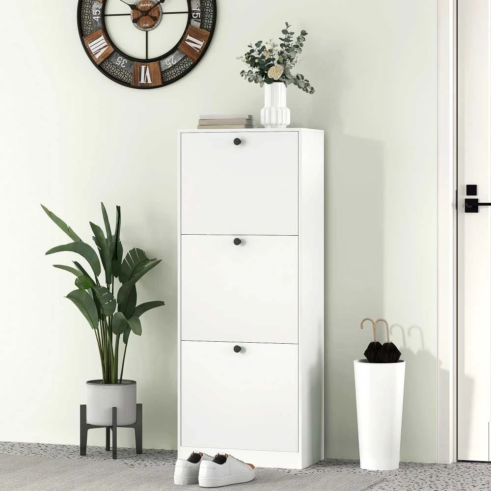 HOMCOM batų spintelė su 3 atlenkiamomis lentynomis, batų lentyna su reguliuojama pertvara, siaura batų komoda, batų dėžė 12 porų batų, 47 x 26 x 120 cm, balta