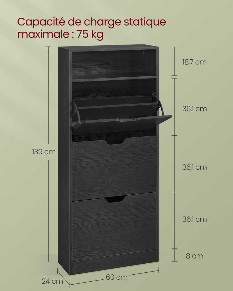 Vasagle Batų spintelė, atviras skyrius, reguliuojama juodmedžio juodumo juoda