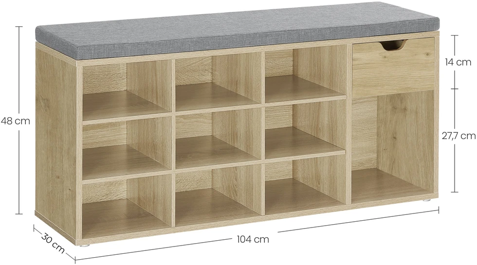 Valora Batų spintelė su minkšta sėdyne, ąžuolo ir pilka, 104 × 30 × 48 cm