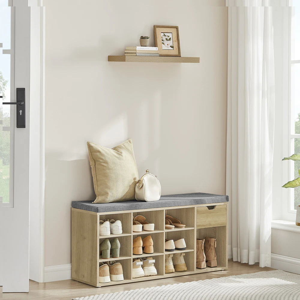 Valora Batų spintelė su minkšta sėdyne, ąžuolo ir pilka, 104 × 30 × 48 cm