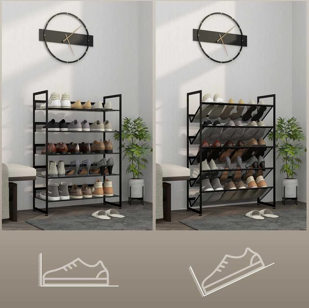 HOMCOM batų lentyna, 5 pakopų batų stovas, batų organizatorius iki 15 porų batų, su rankena prieškambariui, miegamajam, plieno, 72 x 30 x 102 cm, juodas