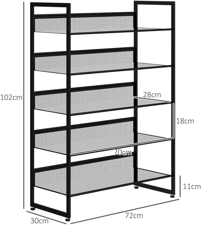 HOMCOM batų lentyna, 5 pakopų batų stovas, batų organizatorius iki 15 porų batų, su rankena prieškambariui, miegamajam, plieno, 72 x 30 x 102 cm, juodas