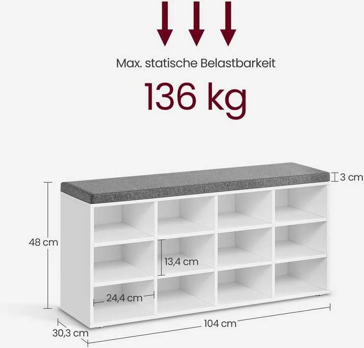 Songmics Vasagle Batų suoliukas Suoliukas su 12 skyrių saugykla klasikinės baltos spalvos