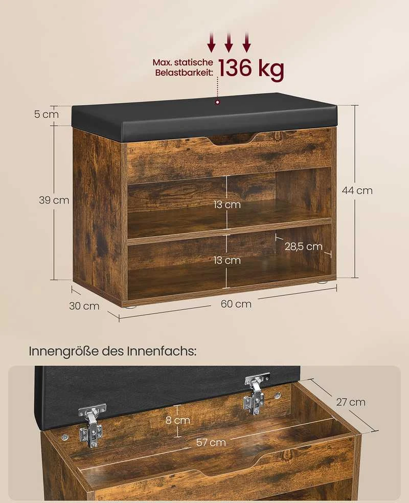 Songmics Vasagle 3 lygių batų suoliukas 30 x 60 x 44 cm ruda vintažinė