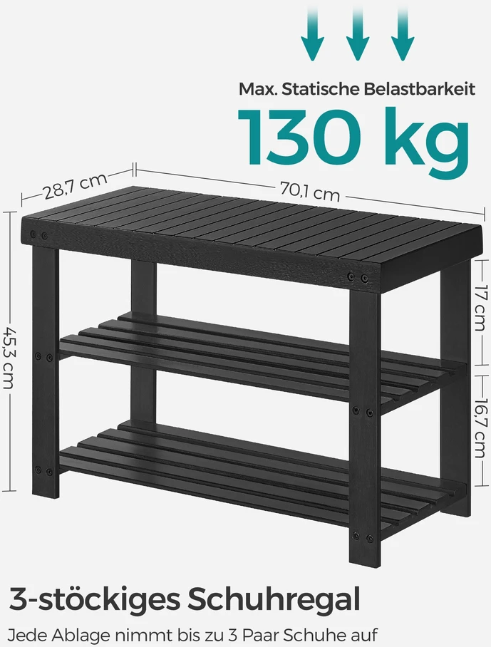 Batų suoliukas iš bambuko, 3 lygių, juodas, 28,7 × 70,1 × 45,3 cm