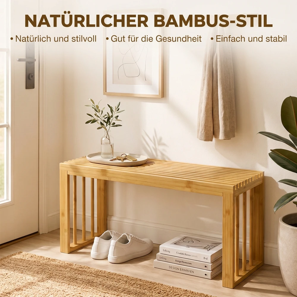 Batų suoliukas iš bambuko be atlošo, natūralios spalvos, 90 × 33 × 43 cm