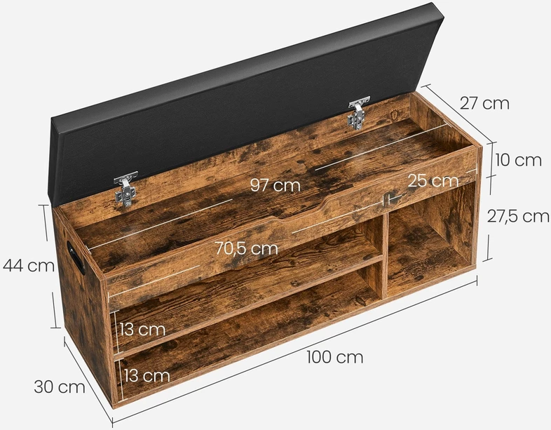 Valora Batų suoliukas su daiktadėže ir minkšta sėdyne, rudos spalvos, 100 × 30 × 44 cm