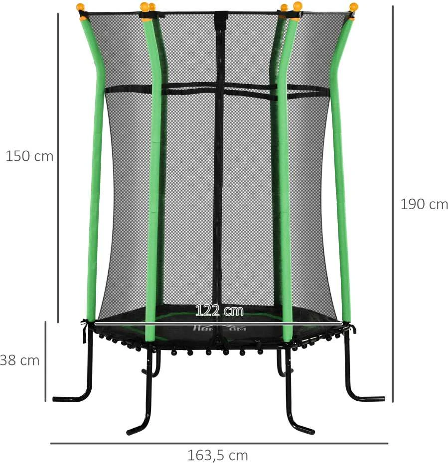 HOMCOM vaikiškas batutas Ø163,5 cm, vidaus batutas su apsauginiu tinklu, kraštų danga, guminėmis virvėmis, vaikiškas batutas iki 50 kg, 3-10 metų vaikams, žalias