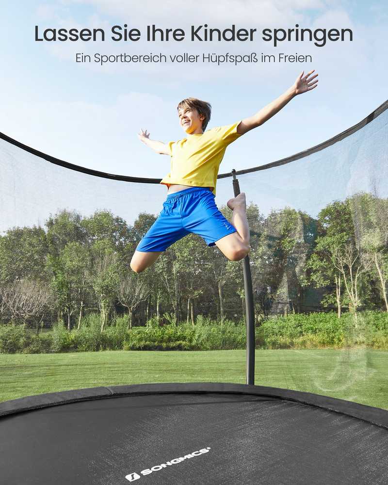 SONGMICS Batutas 366 cm, sodo batutas vaikams su apsauginiu tinklu, 180 cm aukščio išlenkti strypai, kraštų dangtis, kopėčios, plieno rėmas, juodos spalvos STR122B01