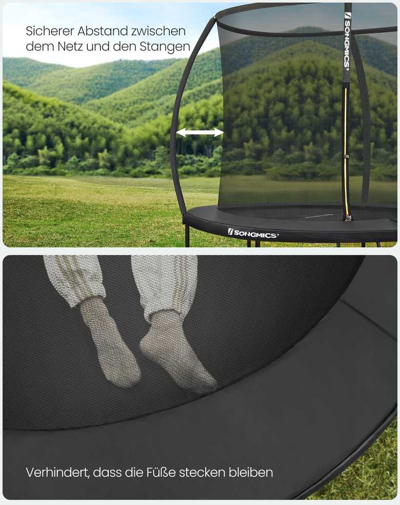 SONGMICS Batutas 366 cm, sodo batutas vaikams su apsauginiu tinklu, 180 cm aukščio išlenkti strypai, kraštų dangtis, kopėčios, plieno rėmas, juodos spalvos STR122B01