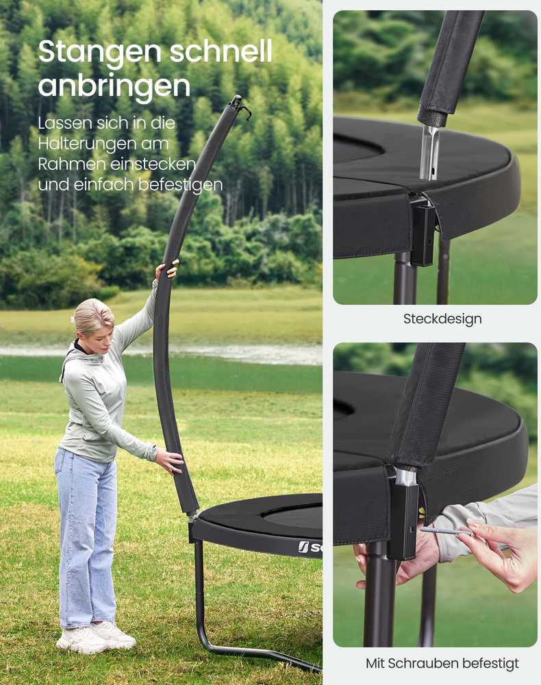 SONGMICS Batutas 366 cm, sodo batutas vaikams su apsauginiu tinklu, 180 cm aukščio išlenkti strypai, kraštų dangtis, kopėčios, plieno rėmas, juodos spalvos STR122B01