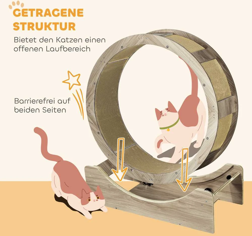 PawHut kačių bėgimo ratas, 91 cm, su stabdžiais, draskykle, ratas katėms sveikatai ir poilsiui, riešutmedžio spalvos