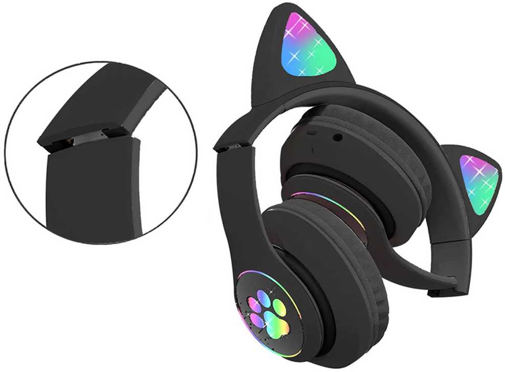 Belaidės ausinės su katės ausimis ir LED apšvietimu