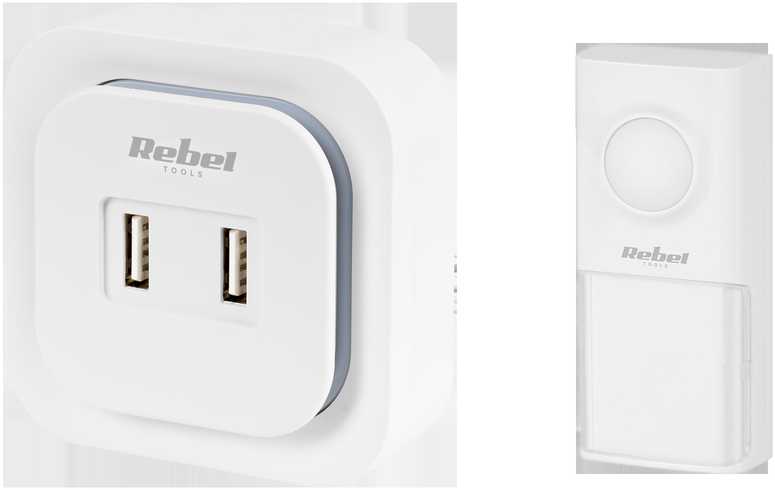 Rebel belaidis durų skambutis su 230 V kištuku (36 melodijos, 2 USB lizdai)