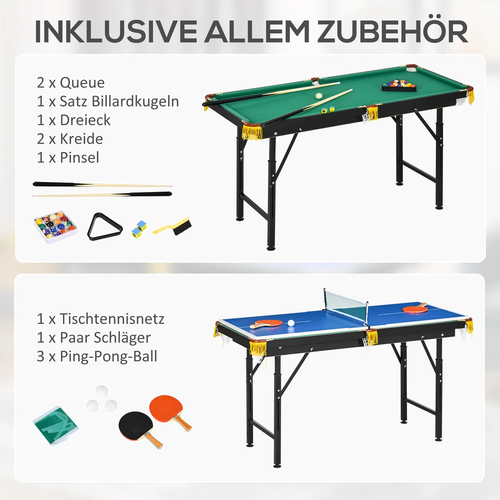 SPORTNOW 2in1 daugiafunkcis žaidimų stalas, stalo tenisas, biliardas, su priedais, vaikams, paaugliams, suaugusiems, plieno, 140x63x60-80 cm, žalias