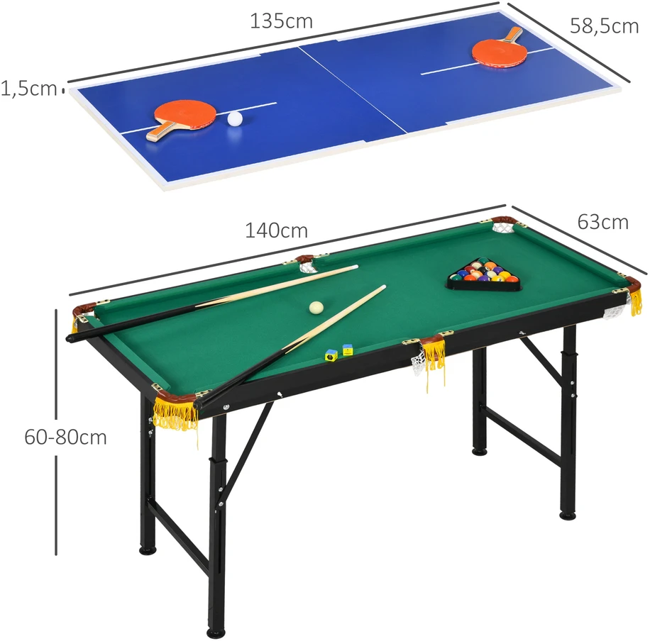SPORTNOW 2in1 daugiafunkcis žaidimų stalas, stalo tenisas, biliardas, su priedais, vaikams, paaugliams, suaugusiems, plieno, 140x63x60-80 cm, žalias