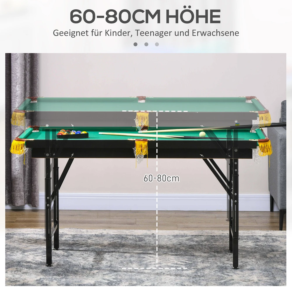 SPORTNOW 2in1 daugiafunkcis žaidimų stalas, stalo tenisas, biliardas, su priedais, vaikams, paaugliams, suaugusiems, plieno, 140x63x60-80 cm, žalias