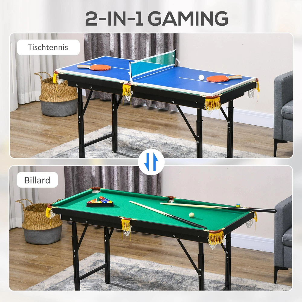 SPORTNOW 2in1 daugiafunkcis žaidimų stalas, stalo tenisas, biliardas, su priedais, vaikams, paaugliams, suaugusiems, plieno, 140x63x60-80 cm, žalias