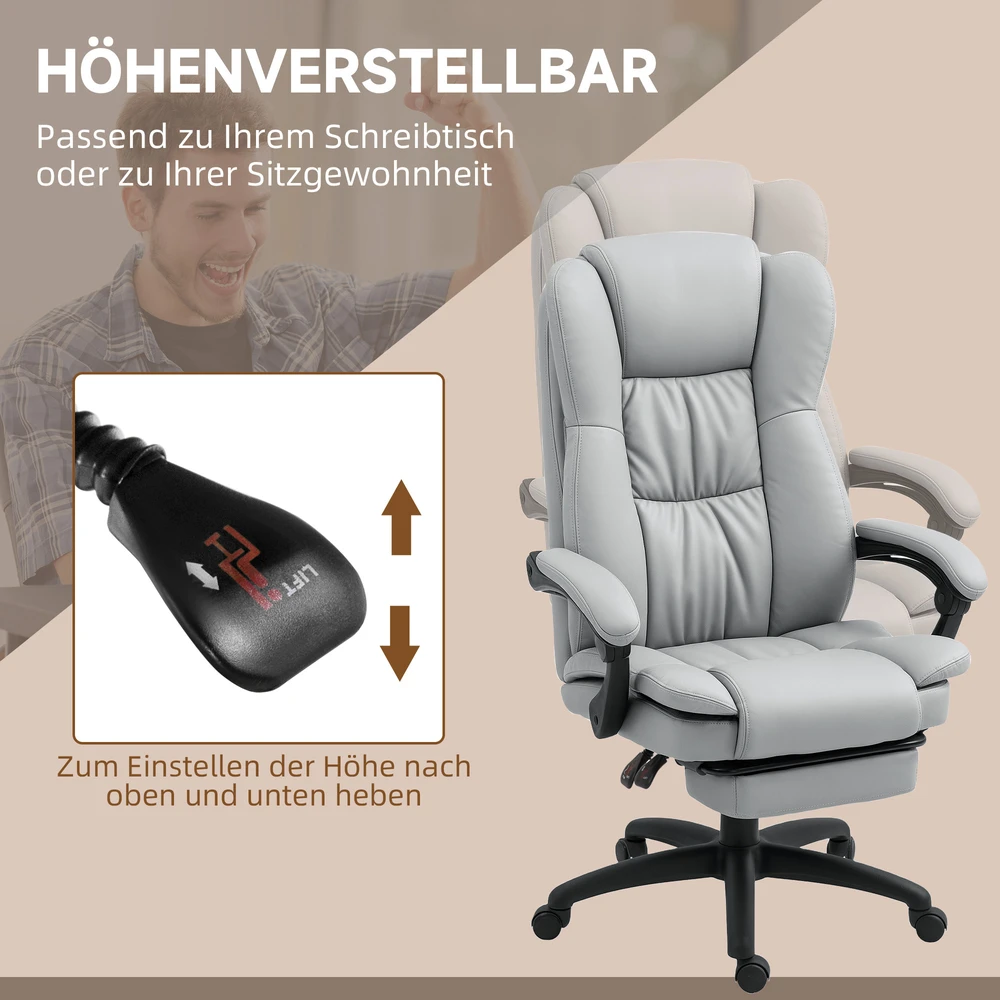 "Vinsetto" biuro kėdė su masažo funkcija, ergonomiška darbo kėdė su atsilenkimo funkcija, reguliuojamo aukščio biuro kėdė su pasukimo funkcija, kojų atrama, nuotolinio valdymo pultelis, dirbtinė oda, šviesiai pilka