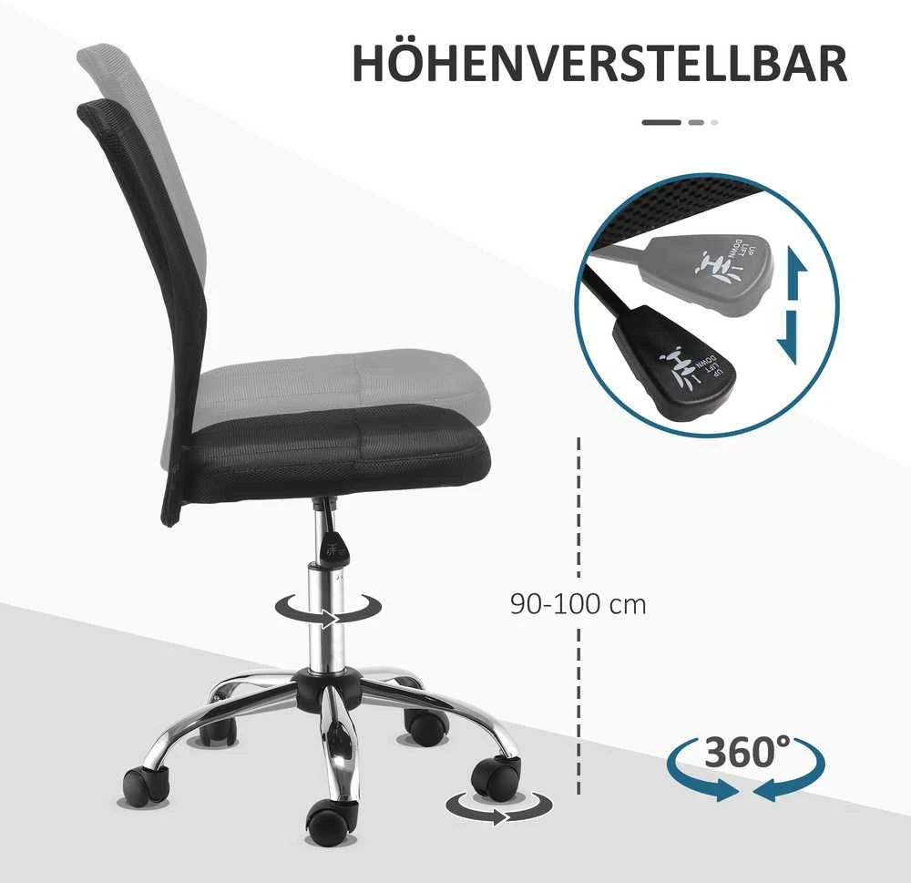 „Vinsetto“ ergonomiška biuro kėdė, reguliuojamo aukščio kompiuterio kėdė, 360° pasisukanti su kvėpuojančiu atlošu, iki 100 kg, juoda