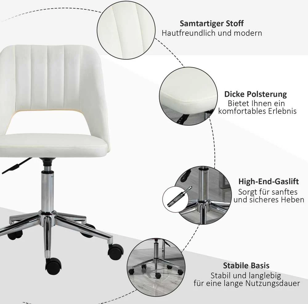 Vinsetto biuro kėdė, pasukama kėdė, darbo kėdė, reguliuojamo aukščio, sukama 360°, šukutės formos, su siūlių dizainu, kreminė balta, 49x54x79-91 cm