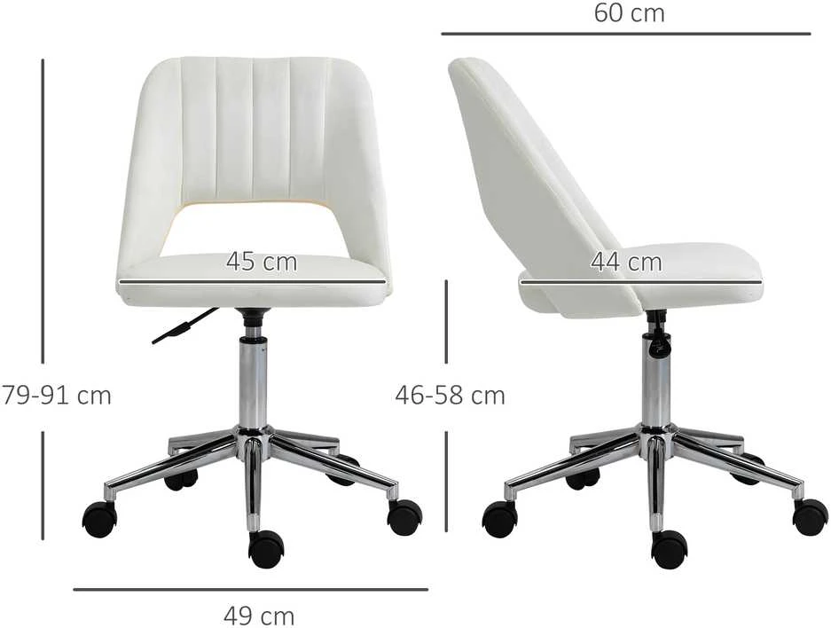 Vinsetto biuro kėdė, pasukama kėdė, darbo kėdė, reguliuojamo aukščio, sukama 360°, šukutės formos, su siūlių dizainu, kreminė balta, 49x54x79-91 cm