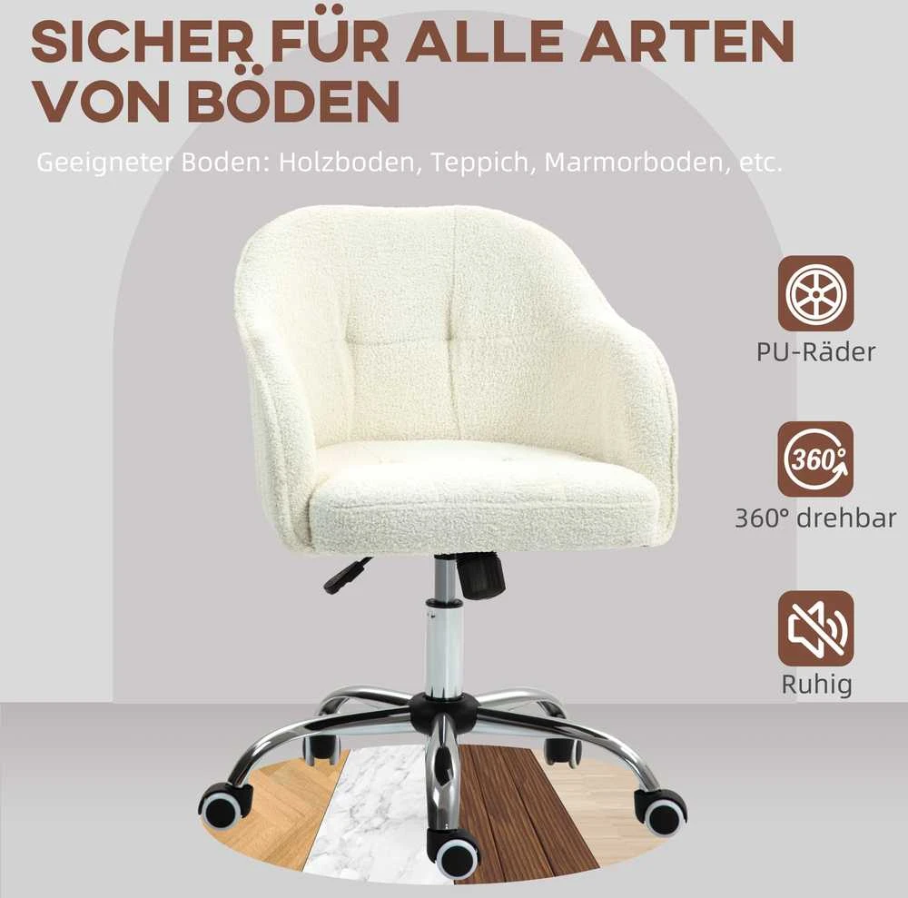 HOMCOM biuro kėdė, ergonomiška rašomojo stalo kėdė, pasukama kėdė, reguliuojamo aukščio biuro kėdė su supimosi funkcija, meškiuko aksomo išvaizda, kosmetinė kėdė miegamajam, darbo kambariui, kreminė balta