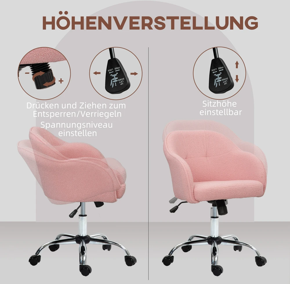HOMCOM biuro kėdė, ergonomiška darbo kėdė, besisukanti kėdė, reguliuojamo aukščio kėdė su supimosi funkcija, pliušinio aksomo išvaizda, makiažo kėdė miegamajam, darbo kambariui, rožinė