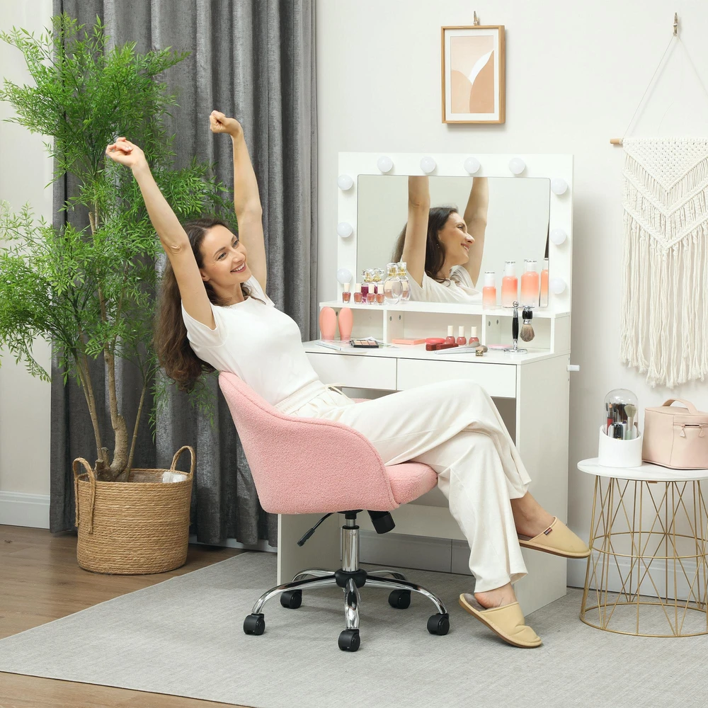 HOMCOM biuro kėdė, ergonomiška darbo kėdė, besisukanti kėdė, reguliuojamo aukščio kėdė su supimosi funkcija, pliušinio aksomo išvaizda, makiažo kėdė miegamajam, darbo kambariui, rožinė