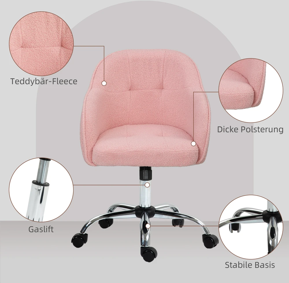 HOMCOM biuro kėdė, ergonomiška darbo kėdė, besisukanti kėdė, reguliuojamo aukščio kėdė su supimosi funkcija, pliušinio aksomo išvaizda, makiažo kėdė miegamajam, darbo kambariui, rožinė