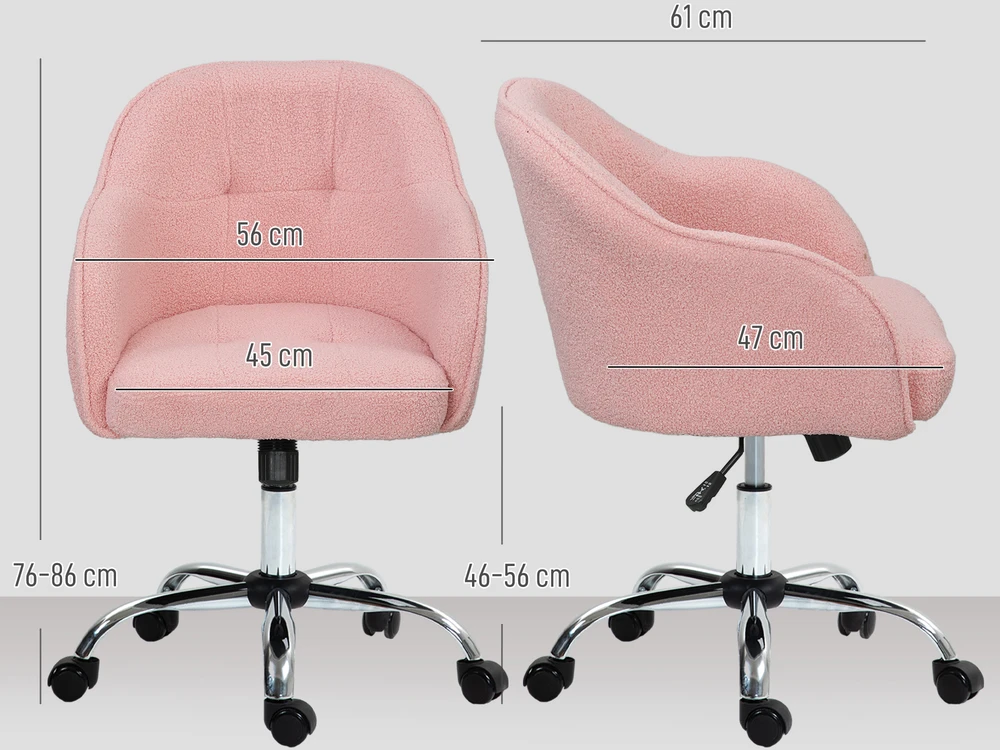 HOMCOM biuro kėdė, ergonomiška darbo kėdė, besisukanti kėdė, reguliuojamo aukščio kėdė su supimosi funkcija, pliušinio aksomo išvaizda, makiažo kėdė miegamajam, darbo kambariui, rožinė
